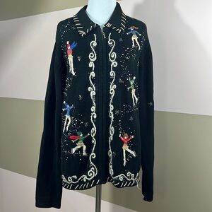 Vintage Erika Black Embroidered Beaded Winter Snow Ice Skater Cardigan Full Zip